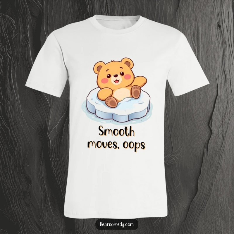 Funny t-shirt showcasing a bear character in a comical slide on a slick icy patch, legs akimbo, with a look of surprised delight.