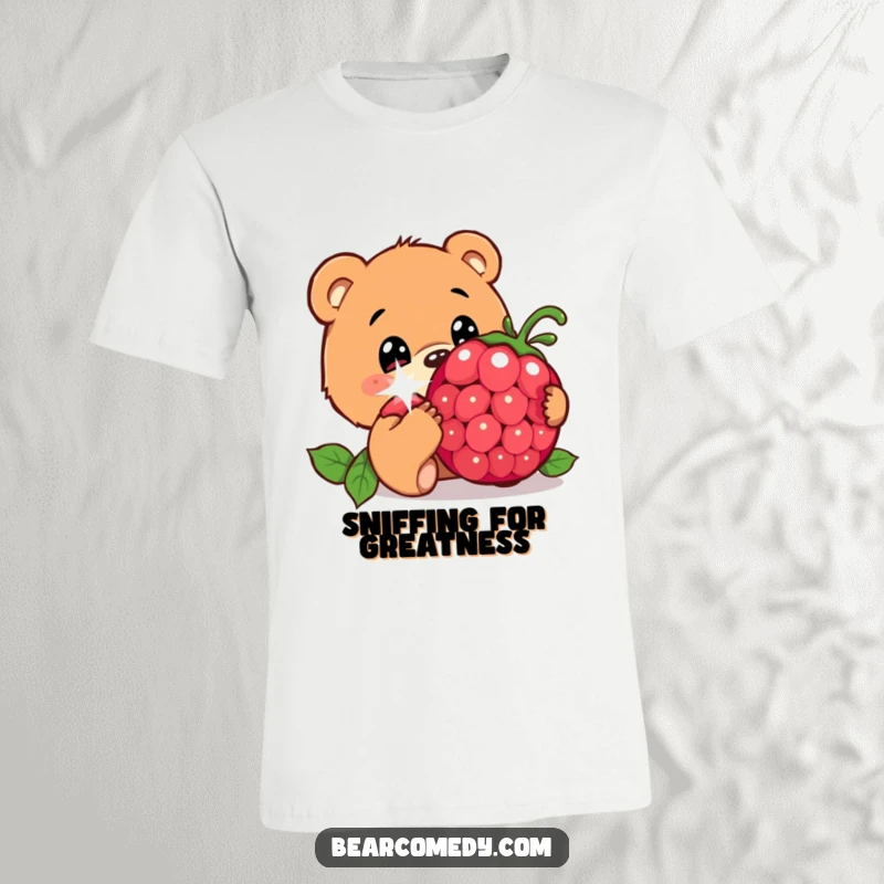 Funny t-shirt showcasing a bear character with wide, innocent eyes, curiously sniffing a large, sparkling berry, expressing gentle intrigue.