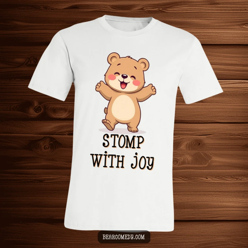 Funny t-shirt design of a bear character performing a clumsy yet joyful dance, with its paws enthusiastically stomping to the beat.