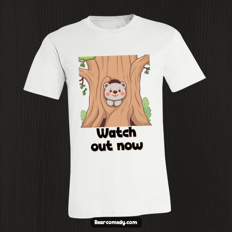 Funny t-shirt of a bear peeking from behind a tree with a mischievous look, perfect for those who enjoy playful and humorous apparel.