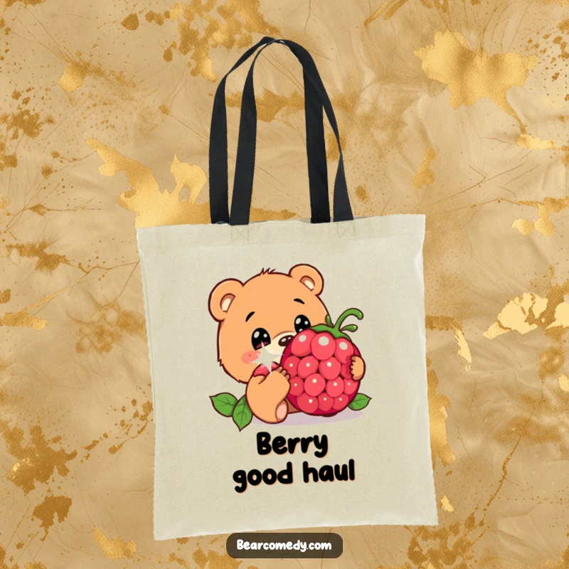 Funny tote bag illustrating a bear character with innocent eyes, curiously sniffing a big, sparkling berry, symbolizing gentle curiosity.