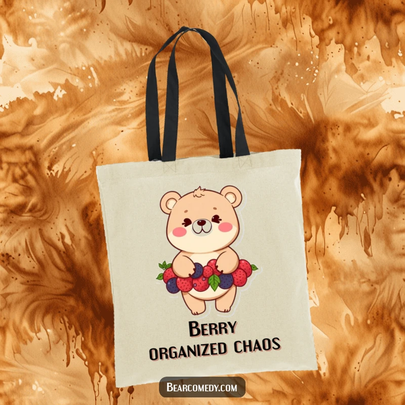 Funny bear tote bag depicting a mischievous bear character balancing a large pile of bright berries with a wide grin.