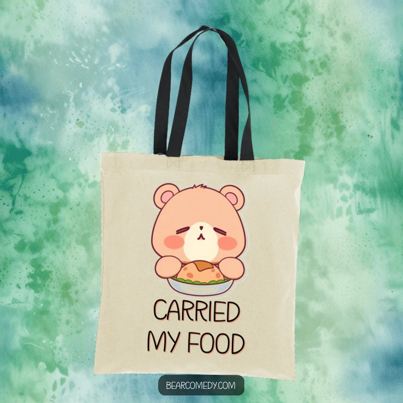 Funny tote bag with a sleepy bear character, eyes happy, adorably yawning after a big meal, embodying food coma.