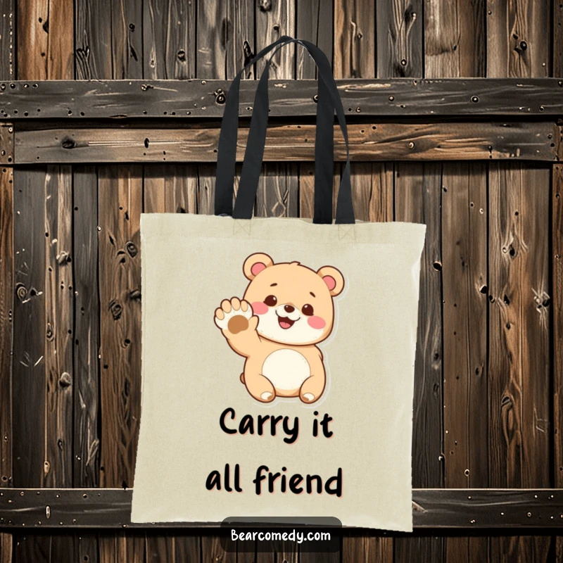 Funny tote bag with a cute bear character happily grinning and waving its enormous paw, perfect for everyday use.