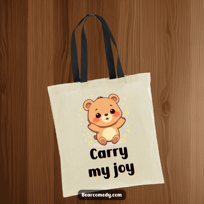 Funny tote bag depicting a gleeful bear character spinning amidst sparkling pollen, ready for errands.