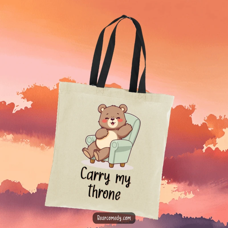 Funny bear tote bag featuring a bear in a funny pose sitting on a comically small, oversized chair, great for shopping.