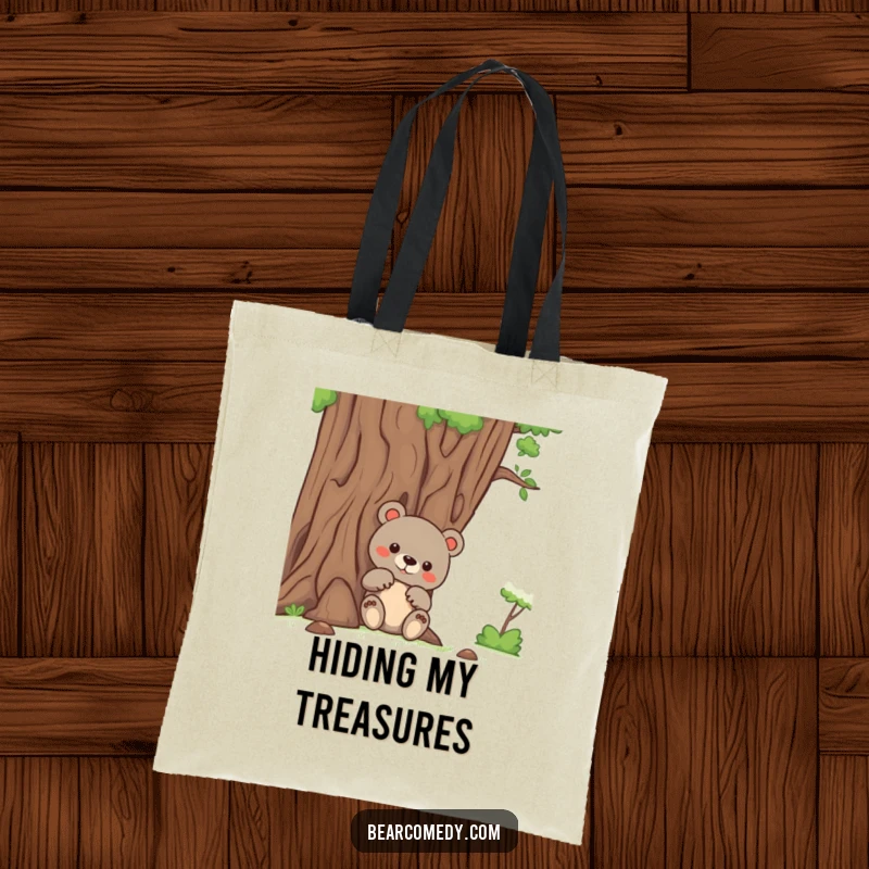 Funny bear tote bag with a curious bear peeking from behind a friendly tree, ideal for carrying items with a playful spirit.