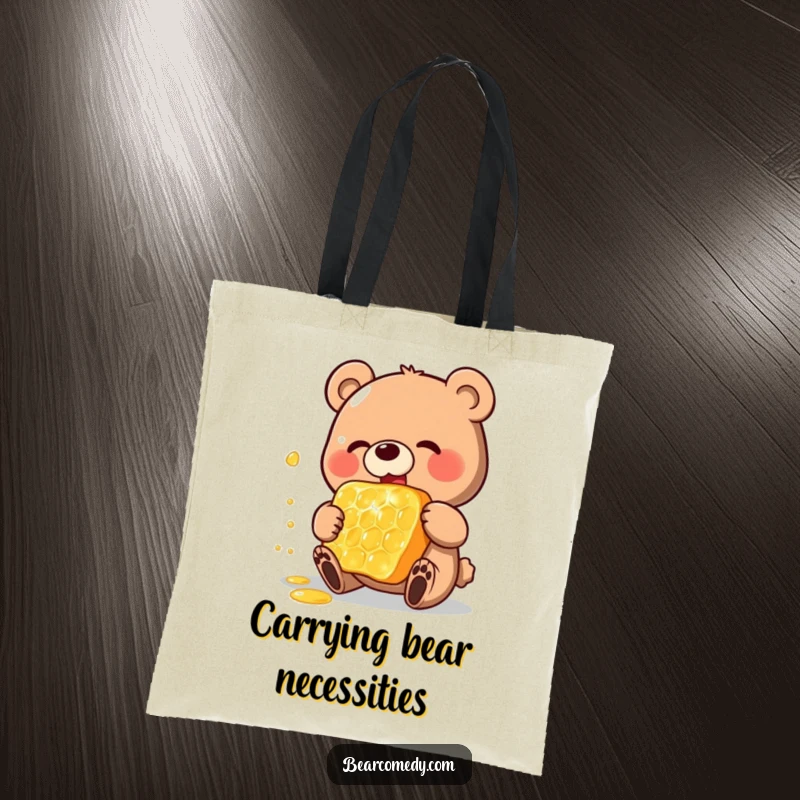 Funny tote bag with a happy bear charactereating a gigantic, shimmering honeycomb, perfect for carrying groceries or essentials with a smile.