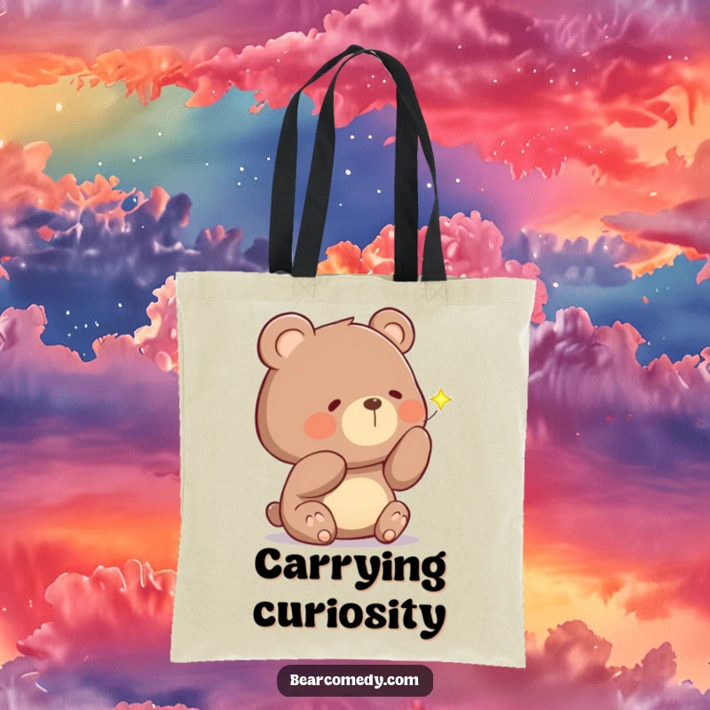 Funny tote bag with a curious bear character, head tilted, examining a sparkling firefly, embodying nighttime wonder.