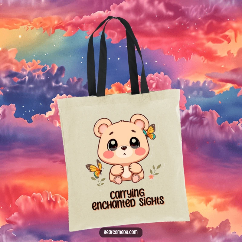 Funny bear character with wide, wondering eyes watching a butterfly on a tote bag, symbolizing gentle curiosity.