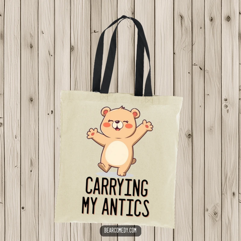 Funny tote bag portraying a bear character in a hilariously clumsy and joyful dance, perfect for carrying items with a smile.