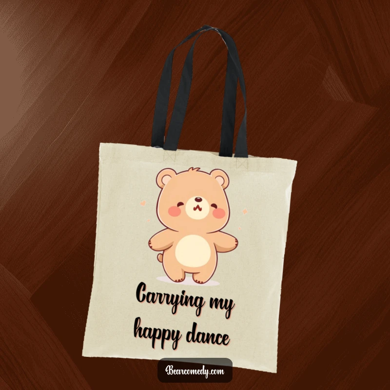 Funny tote bag depicting a bear character humming cheerfully and swaying while dancing in a gentle breeze.