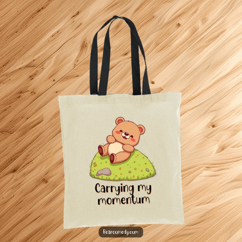 Funny Tote Bag featuring a gleeful bear creature tumbling down a hill, showcasing a whimsical and humorous design for everyday use.