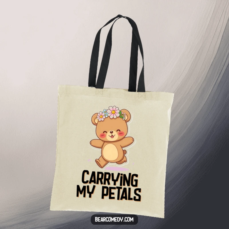 Funny bear tote bag featuring a joyful bear character galloping with a flower crown tilted playfully askew, full of glee.
