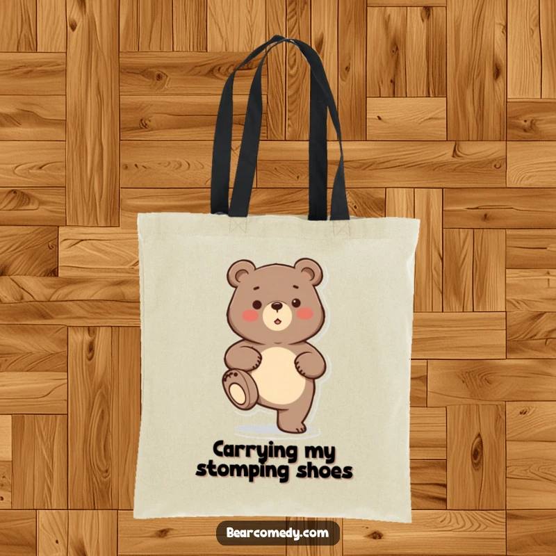 Funny bear character playfully stomping its foot on an eco-friendly tote bag, a humorous and practical accessory.