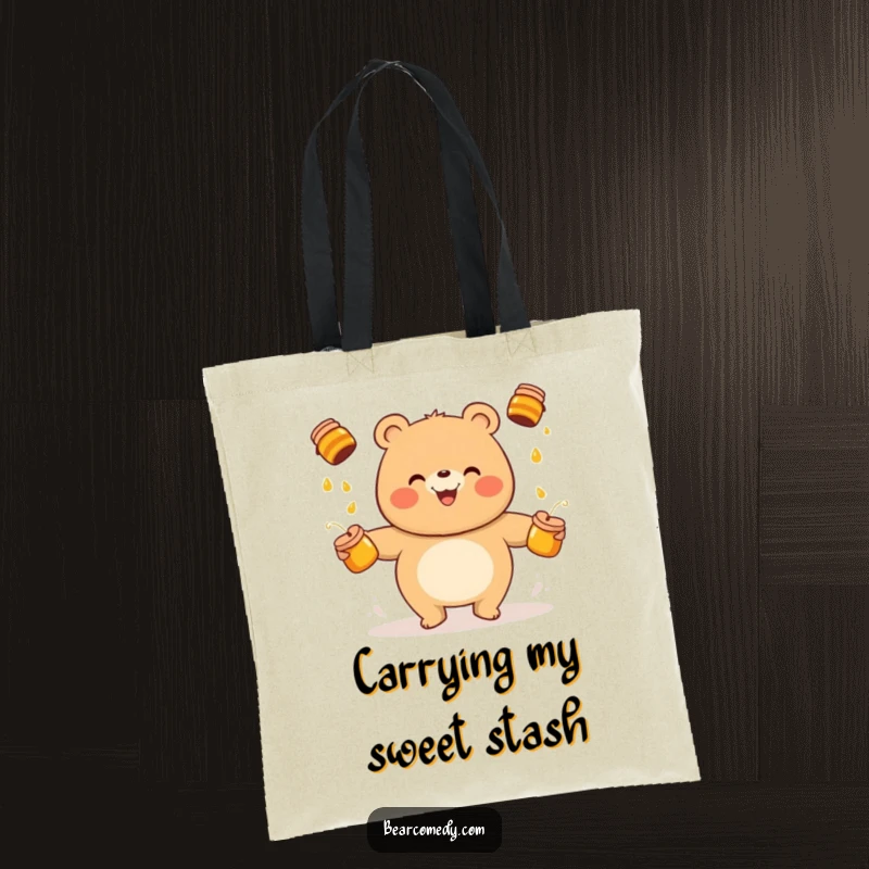 Funny bear tote bag featuring a happy character juggling honey pots, ideal for carrying groceries with a side of cheerfulness.