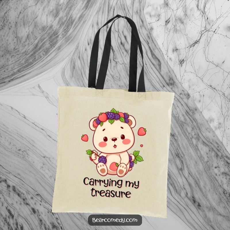 Funny tote bag showcasing a bear character crowned with berries, enjoying its sweet bounty, perfect for carrying treats and treasures.
