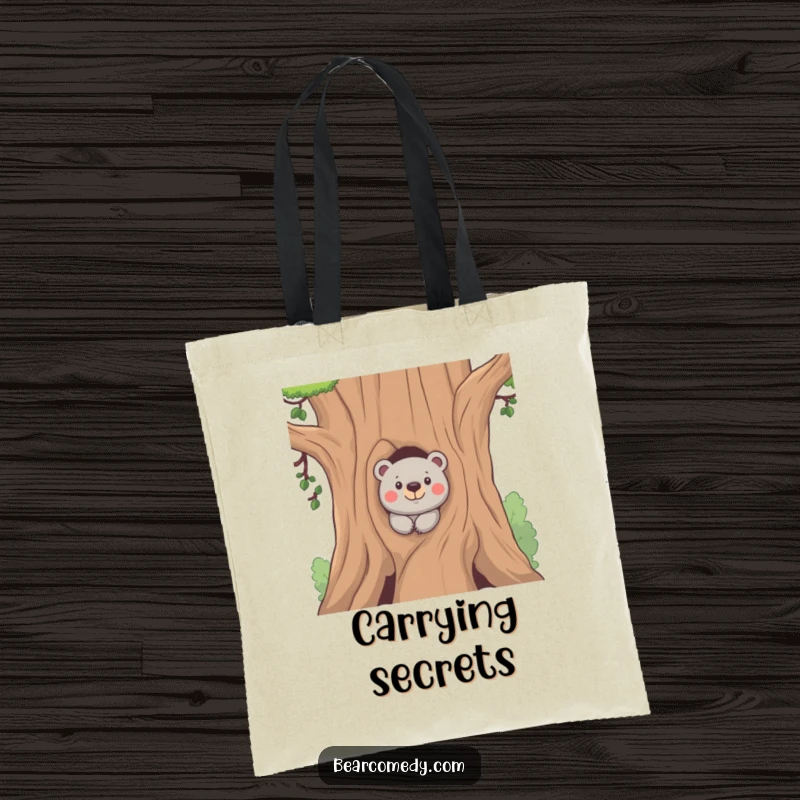 Funny tote bag with a bear peeking out from behind a tree with a mischievous look, perfect for carrying items with playful secrecy.