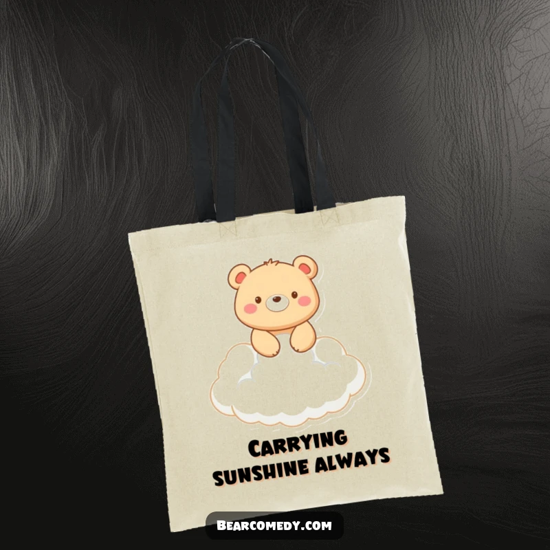 Funny tote bag graphic: A smiling bear rides on a white fluffy cloud, embodying joy and whimsical travel.