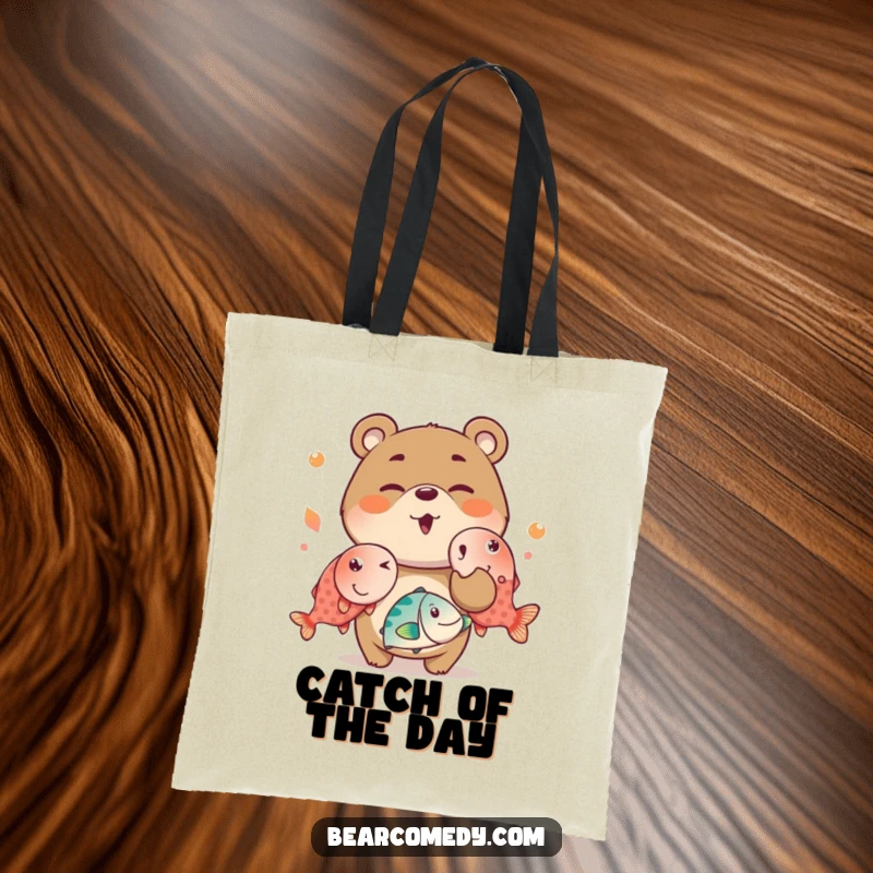 Funny tote bag with a mischievous bear charactere winking and juggling oversized, bright fish, perfect for carrying essentials with flair.