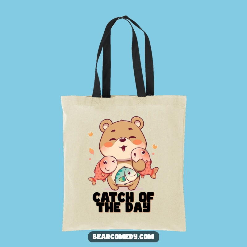Funny Juggling Bear Tote Bag: Mischievous Bear, Fishy Cargo, Eco Gift