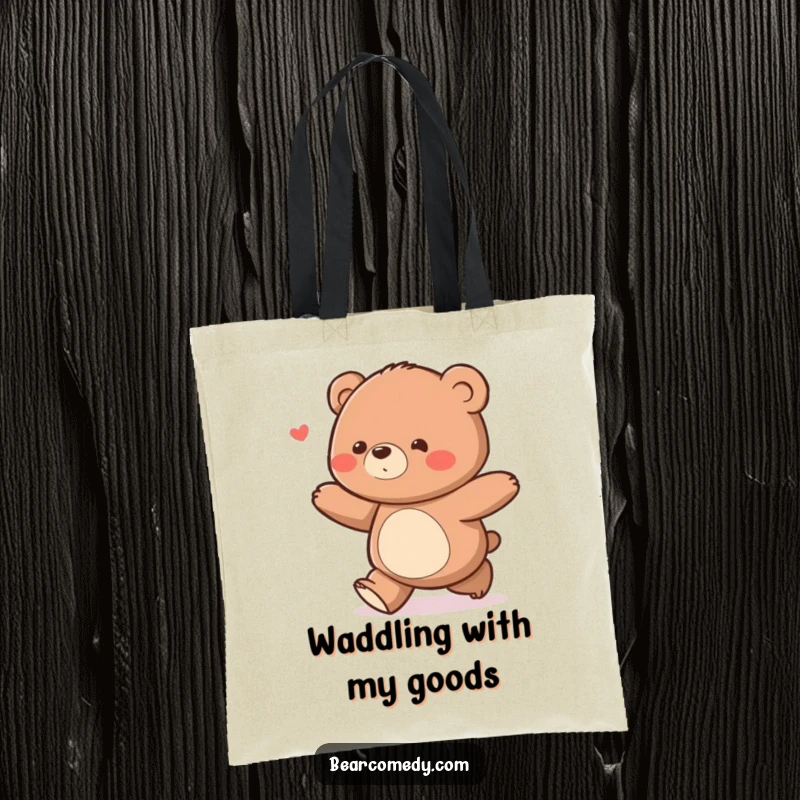 Funny bear character with a delighted waddle ambling along on a tote bag, symbolizing cheerful journeys.