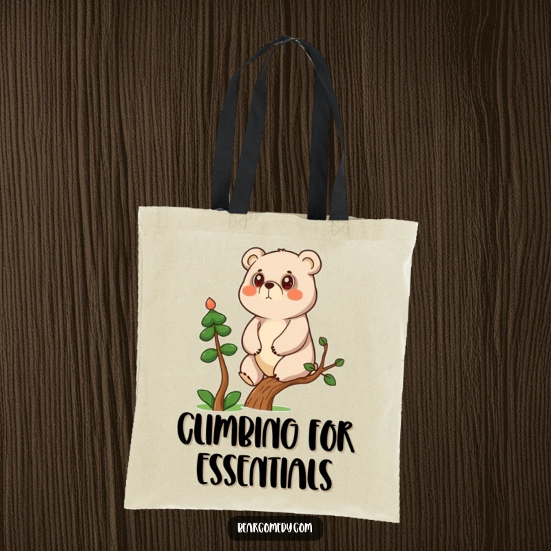 Funny determined bear character climbing a small tree on a tote bag, representing strength and humor.
