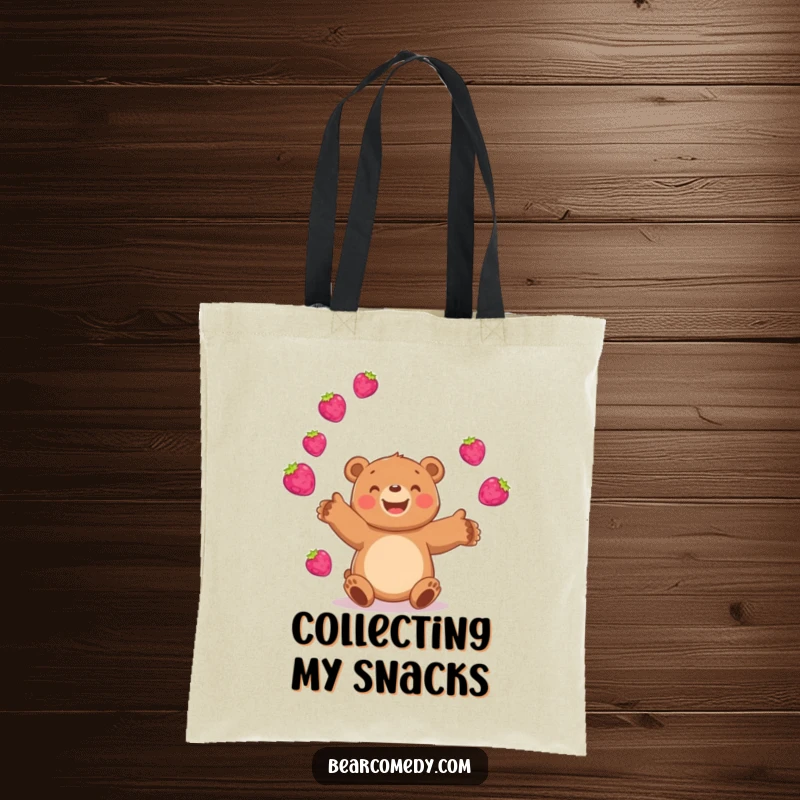 Funny bear tote bag featuring a happy character juggling bright, bouncing berries, ideal for carrying items with a fruity flourish.