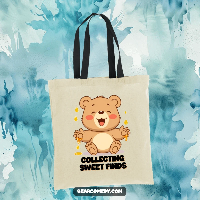 Funny tote bag depicting a bear with outstretched paws joyfully catching falling honey, celebrating sweet, sticky moments.