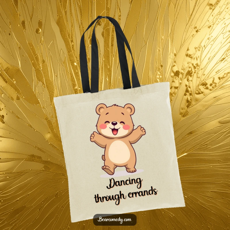 Funny tote bag showcasing a bear character engaged in a clumsy, joyful dance with stomping paws, perfect for carrying fun essentials.