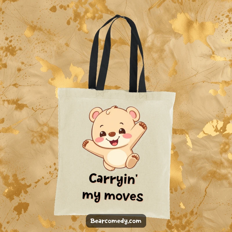 Funny tote bag showing a happy bear cub mid-somersault with a big grin, perfect for carrying essentials during outdoor adventures.
