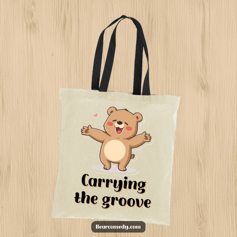 Funny tote bag illustrating a bear character doing a clumsy, happy dance with arms flailing, embodying pure, silly fun.