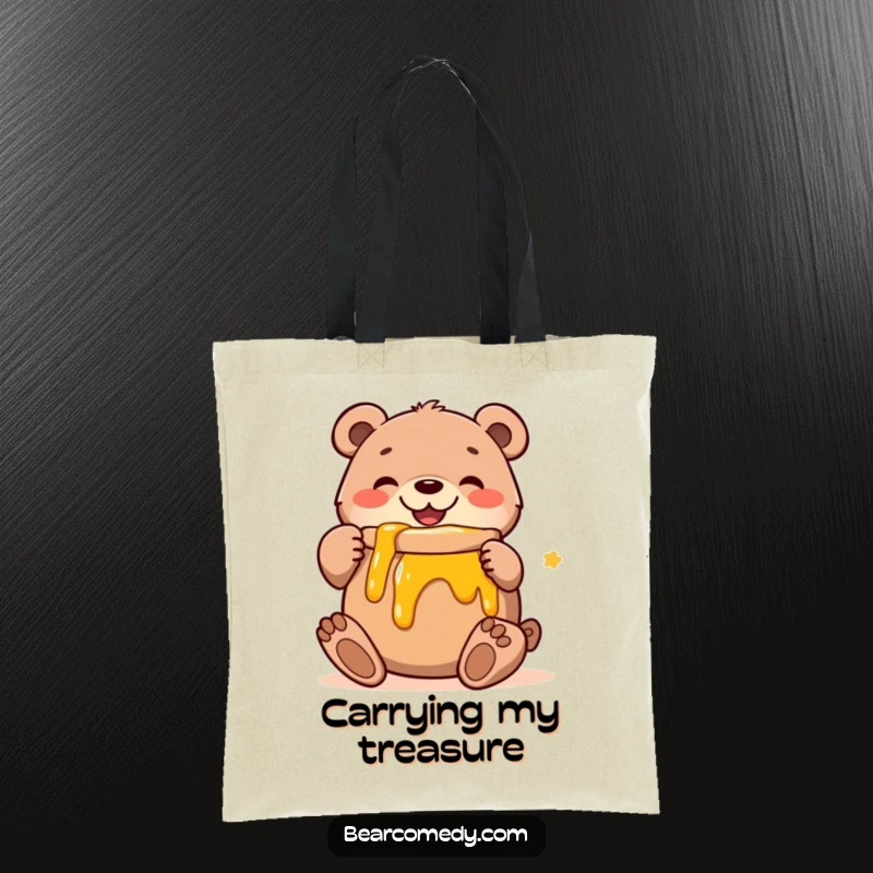 Funny tote bag illustrating a happy bear character in a loving embrace with a brimming pot of honey, perfect for carrying treasures.