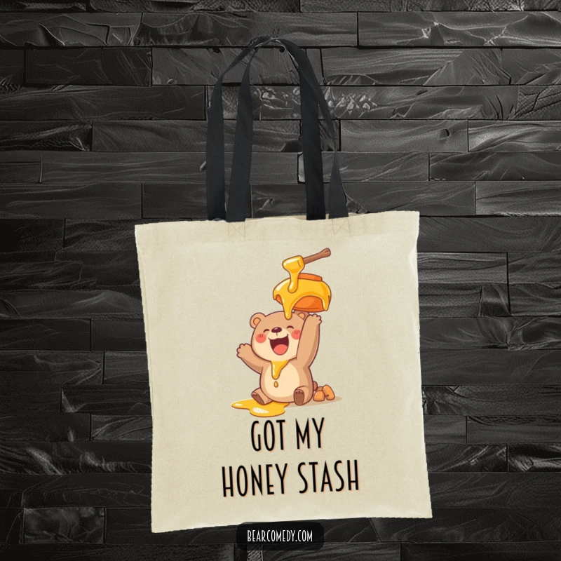 Funny tote bag illustrating a happy bear character joyfully reaching for a huge, dripping pot of honey, full of sweet desire.