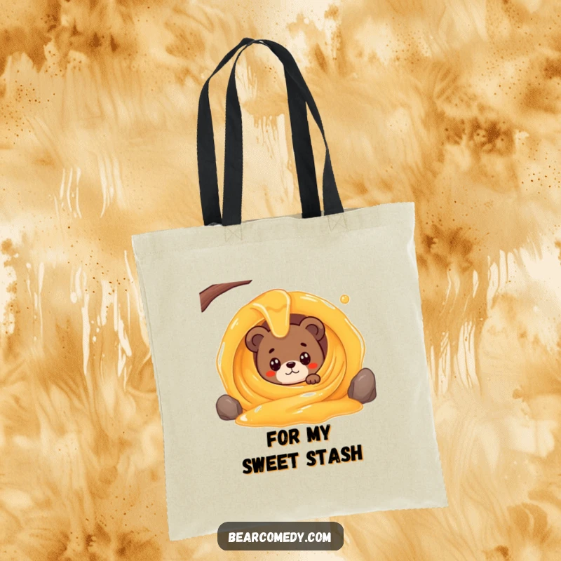 Funny tote bag with a bear character wide-eyed peeking from a giant, swirling honey stream, ready for sweet errands.