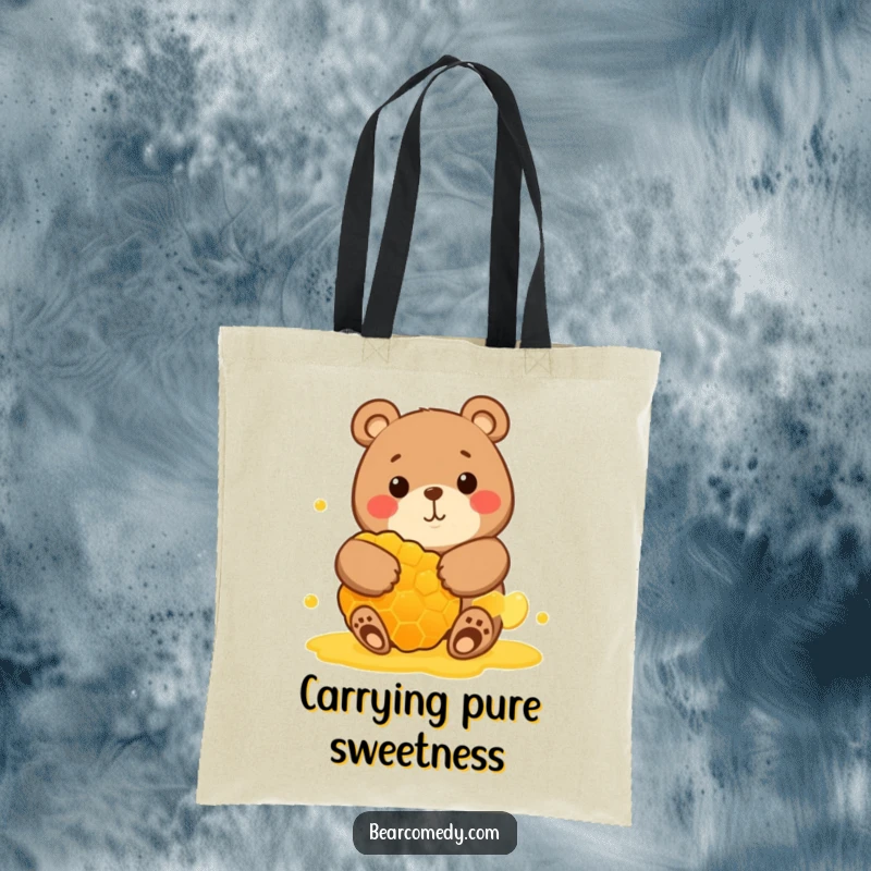 Funny tote bag with a round bear character joyfully hugging a giant honeycomb, embodying sweet and funny contentment.