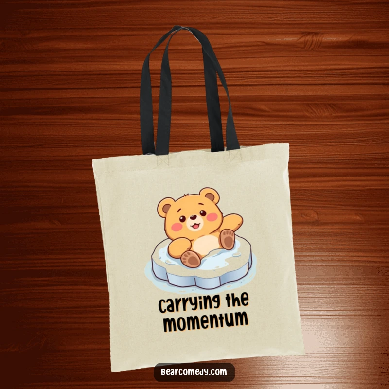 Funny tote bag illustrating a bear character comically sliding on a slick icy patch with surprised delight, legs flailing humorously.
