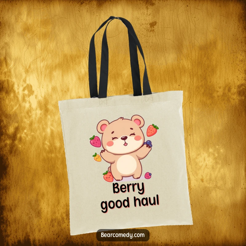 Funny Tote Bag featuring a bear character with a goofy grin, hilariously juggling berries, a practical and humorous accessory.