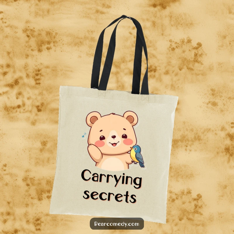 Funny Tote Bag featuring a bear with perked ears, listening to a bird, a charming and humorous accessory for everyday use.