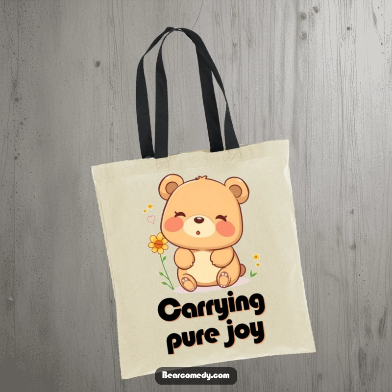 Funny tote bag featuring a joyful bear character blowing a soft pollen puff with a happy sigh, ideal for quirky daily use.