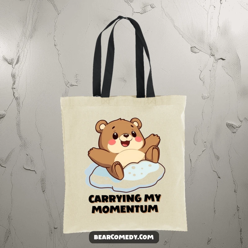 Funny tote bag illustrating a bear character comically sliding on a slick icy patch with a look of surprised and joyful delight.