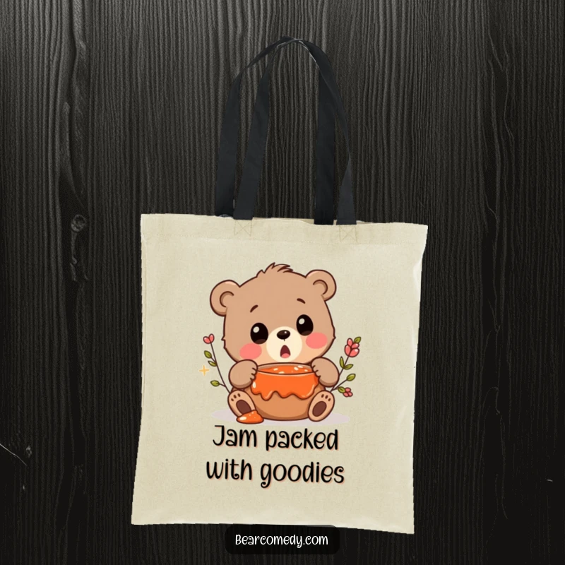 Funny tote bag illustration of a bear character squeaking in surprise at discovering a hidden pot of jam.