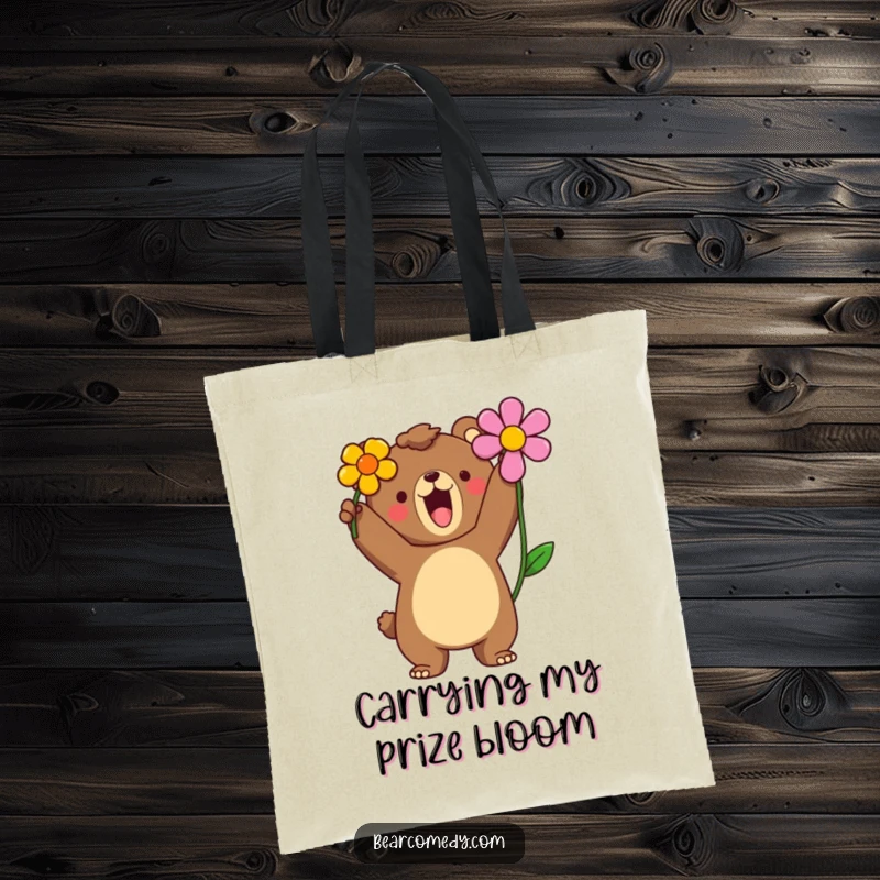Funny tote bag illustration of a bear character proudly roaring and holding a brightly colored flower aloft.