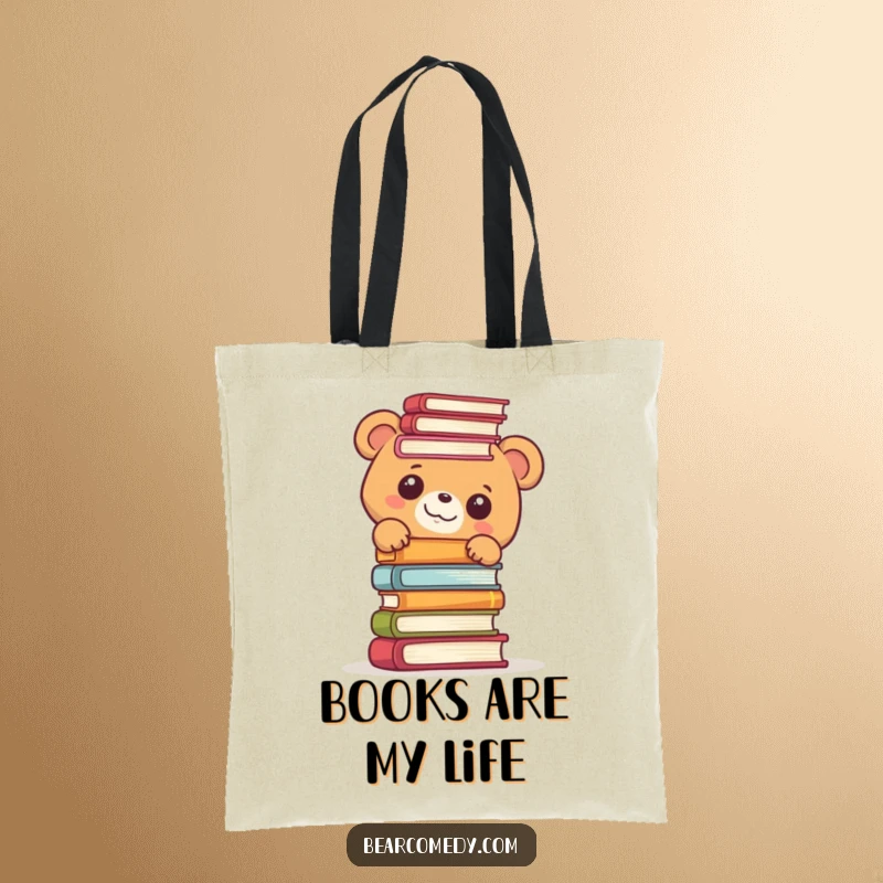 Funny tote bag depicting a bear character curiously peeking from behind a tall stack of books, ready for adventure.