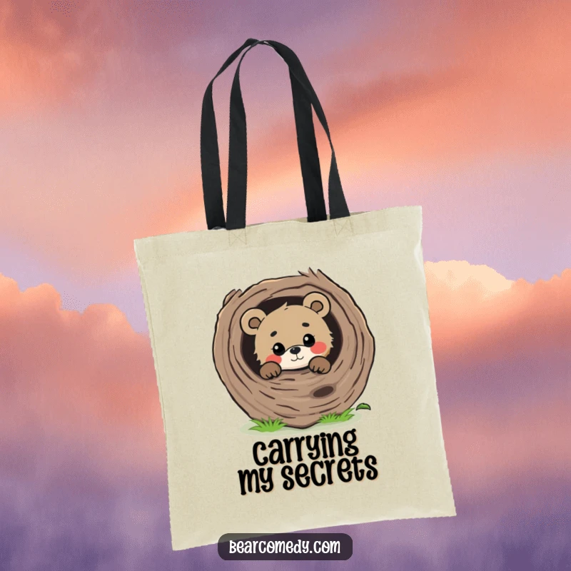 Funny curious bear peeking from behind a large, fallen log with a gentle gaze, a practical tote for everyday use.