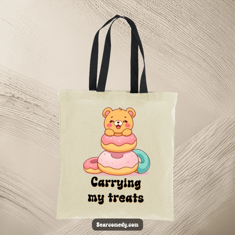 Funny tote bag with a delighted bear characterebalancing colorful, giant donuts, making grocery shopping a sweet and humorous affair.