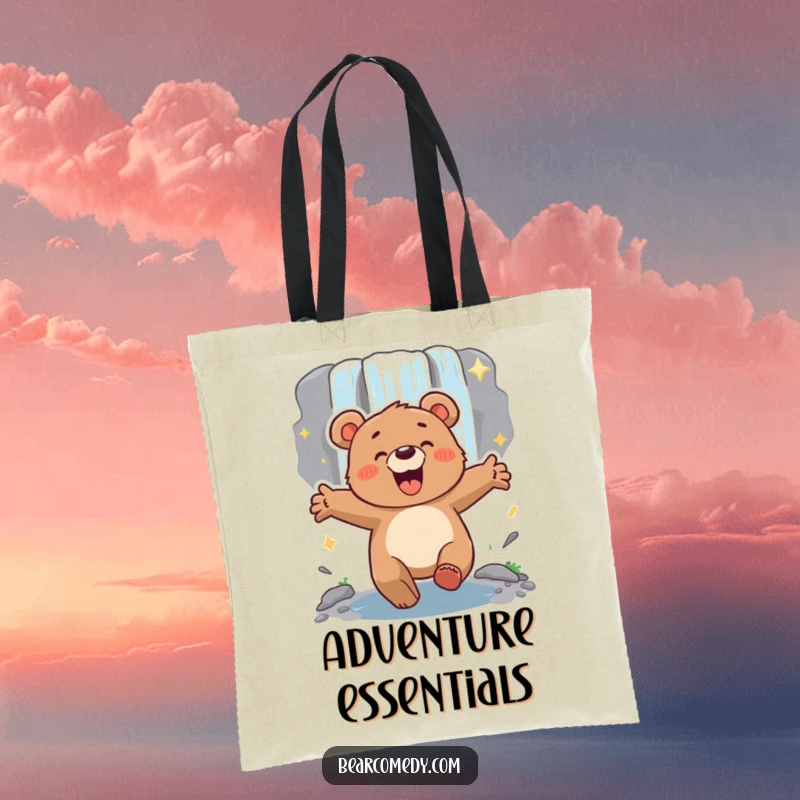 Funny energetic bear with arms outstretched, lumbering excitedly towards a sparkling waterfall, a versatile tote for any journey.