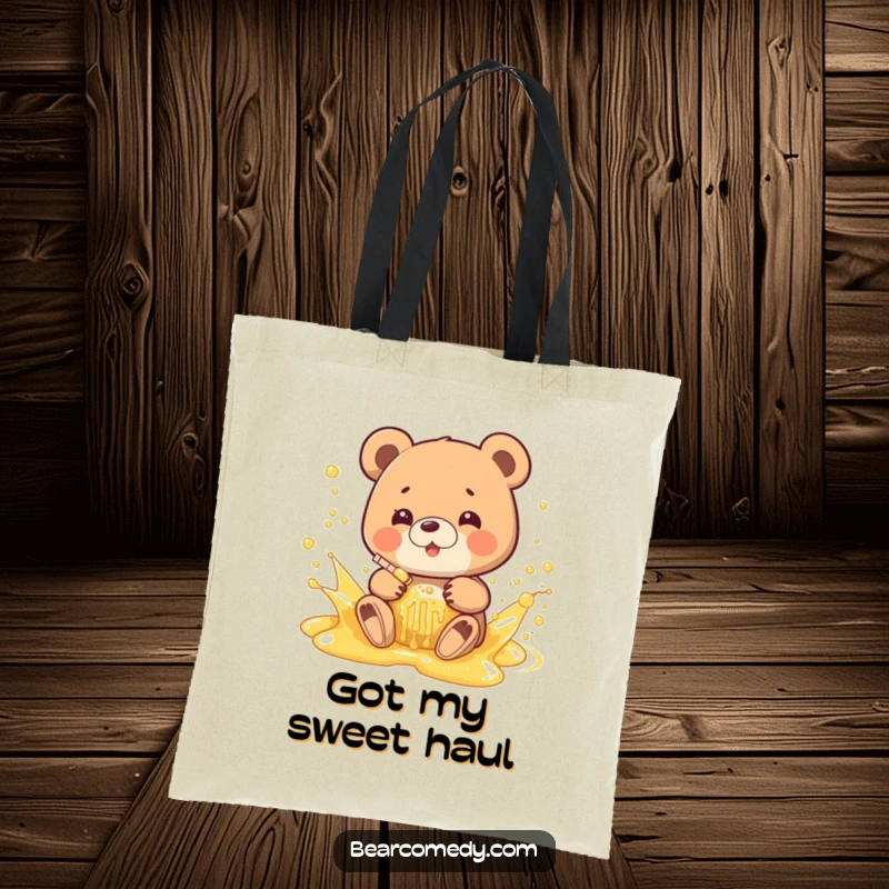 Funny tote bag with a bear character joyfully splashing in a bubbly stream of honey, making everyday tasks sweeter.