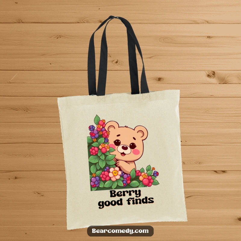 Funny tote bag with a mischievous bear character, eyes twinkling, playfully peeking from a berry bush, carrying playful secrets.