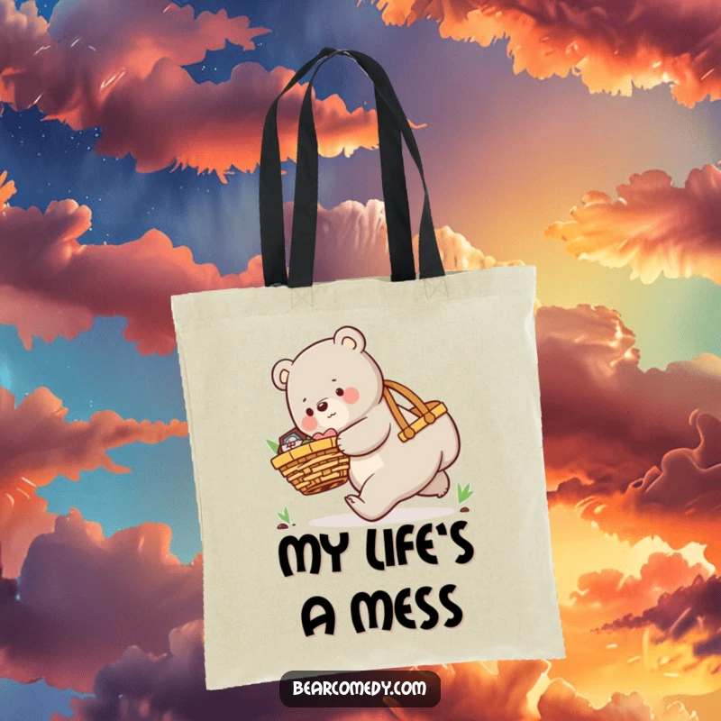 Funny tote bag capturing a playful bear character comically tripping, picnic basket contents scattering humorously.